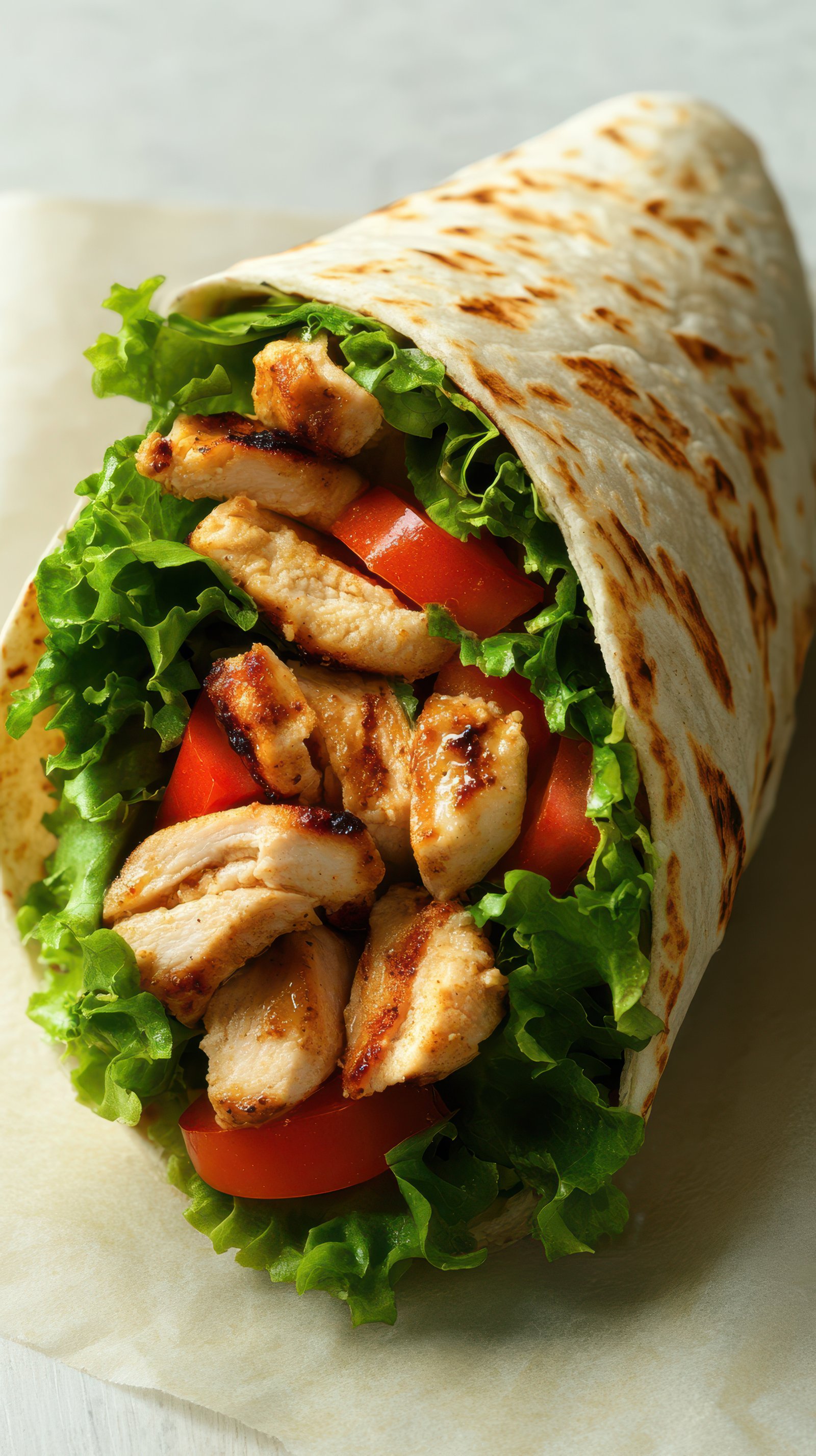 Freshly made wrap featuring grilled chicken, lettuce, and tomatoes served in a toasted tortilla